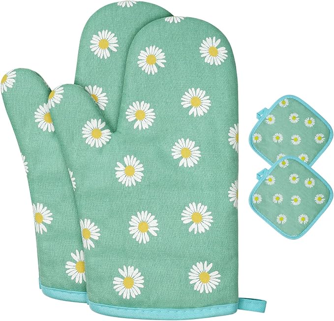 AUAUY Oven Mitts and Potholders, BBQ Gloves Heat Resistant, 1 Pair Oven Mitts and 2 Pot Holders, Cotton Non-Slip Cooking Gloves Home Essentials for Cooking Baking Kitchen Microwave Pizza (Daisy-Green)
