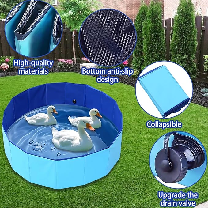 Upgraded Large Duck Pool with Drain Plug, 39 x 12 Inch Extra Tough PVC Ducks Swimming Pool for Pet, Dogs, Cats, Blue Hard Plastic Portable Foldable Pond for Indoor Outdoor Use