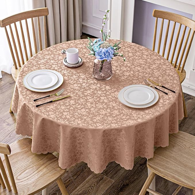 Smiry Round Waterproof Heavy Duty Vinyl Tablecloths, 60 x 60 Inch | Wipeable Washable Floral Embossed Table Cover for Kitchen and Dining Room, Indoor & Outdoor Use, Tan