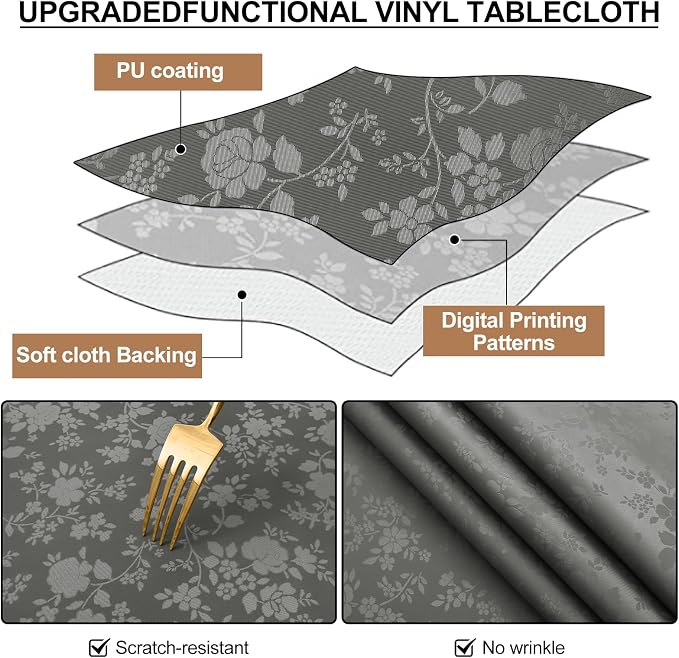 Smiry Rectangle Waterproof Heavy Duty Vinyl Tablecloths, 52 x 70 Inch | Wipeable Washable Floral Embossed Table Cover for Kitchen and Dining Room, Indoor & Outdoor Use, Dark gray