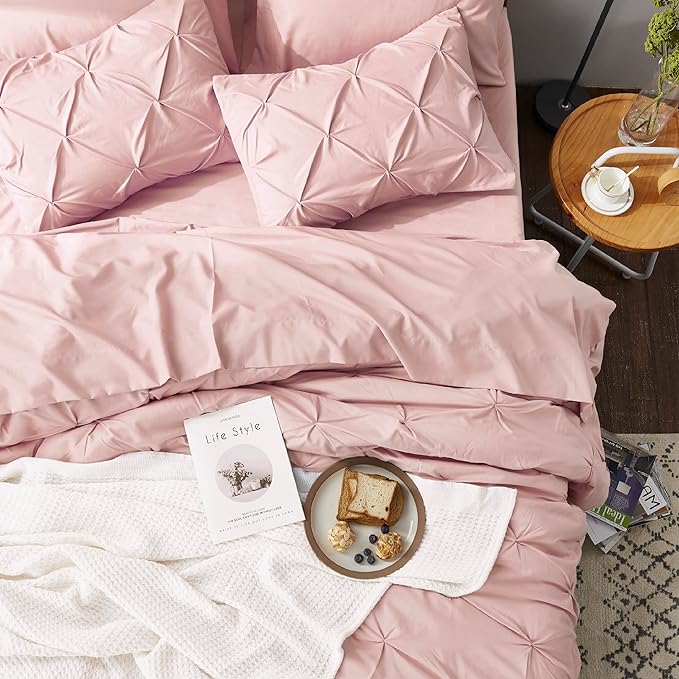 Bedsure Pink Comforter Set Queen - Bed in a Bag Queen 7 Pieces, Pintuck Bedding Sets Pink Bed Set with Comforter, Sheets, Pillowcases & Shams