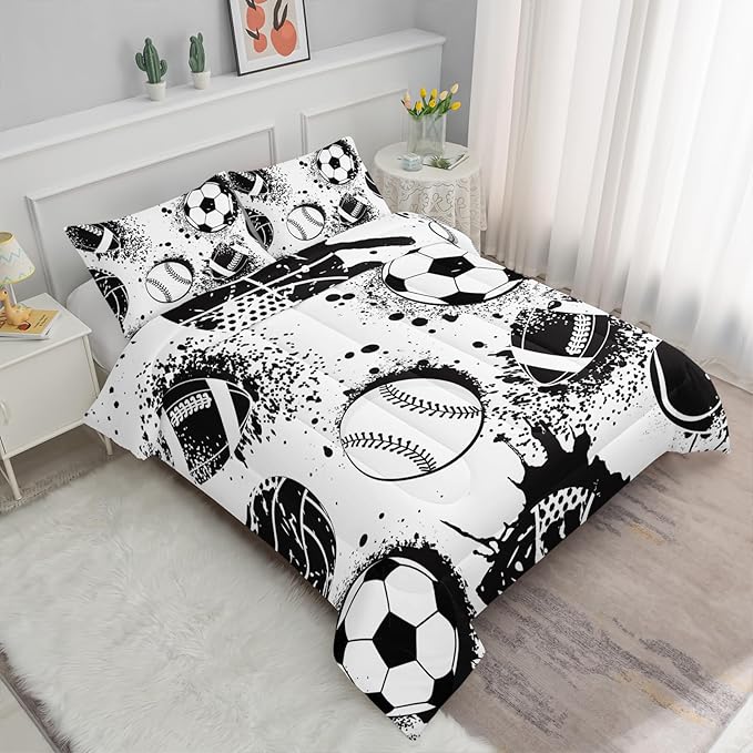 Axolotl Ball Sports Comforter Set Queen,Football Soccer Bedding Set,Football Baseball Game Comforter Set,Baseball Comforter Set,Hip Hop Graffiti Artwork Bedding For Boys Kids Men,1 Quilt 2 Pillowcases