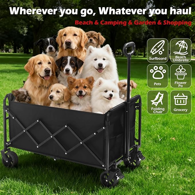 Collapsible Wagons Carts Foldable Wagon, 500LBS Wagon Cart Foldable Heavy Duty with Brakes & All-Terrain Wheels, Large Collapsible Folding Wagons for Beach Camp Sports Grocery, Portable (Black)