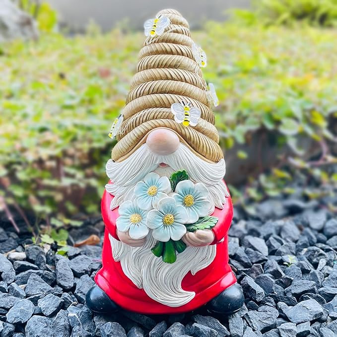 Outdoor Garden Gnomes Statue, Bee Flower Gnome Sculpture, with Solar LED Lights for Yard, Patio, Lawn Ornaments for Garden, Patio Gnome Gifts for Mom