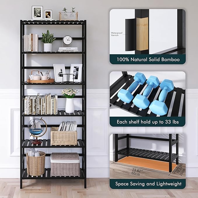 Bamboo Bookshelf, 6-Tier Tall Open Bookcase with Adjustable Shelves, Floor Standing Storage Shelf Unit for Living Room Bathroom Home Office, Black