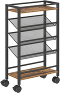 5 Tier Bookshelf, Metal Small Industrial Bookcase, Mobile Book Shelf Paper Cart with Wheels, Book Case Display Storage Shelf Organizer for Living Room, Home Office, Rustic Brown SJ01BR