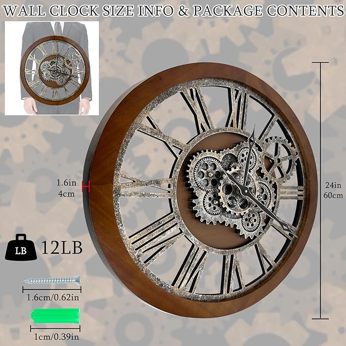 HOIBAI Large Wall Clock, Wall Clocks for Living Room Decor 36 Inch Farmhouse Vintage Rustic Kitchen Wall Decor Vintage Roman Oversized Wall Clock for Home Bedroom House Office, Moving Gears Clock