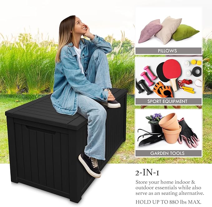 AJP Distributors 180 Gallon Outdoor Storage Box, Rain Waterproof Resin Deck Box, Lockable Large Storage Container for Patio Furniture, Cushions, Garden Tools, Sports Equipment and Pool Supplies Black
