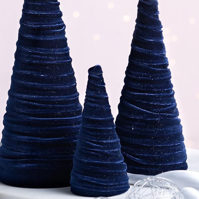 Your Heart's Content Velvet Trees Set of 3 Navy, Artisan Mantel Decor, Valentine Tabletop, Tablescape Décor, Elegant Holiday Entryway (Navy)