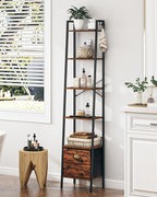 Narrow Bookshelf Bookcase with Drawer, Ladder Shelf with 2 Hooks, Bookshelves Storage Organizer, Freestanding Display Standing for Home Office, Bedroom, 6 Tier Rustic Brown BC19601B