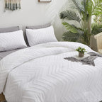 Wellboo White Tufted Jacquard Boho Comforter Set Full Size White Bedding Set Shabby Chic All Season Bed Quilt Women Men White Farmhouse Embroidery Blanket Soft Adult Broken Line Wave Geometry Bed