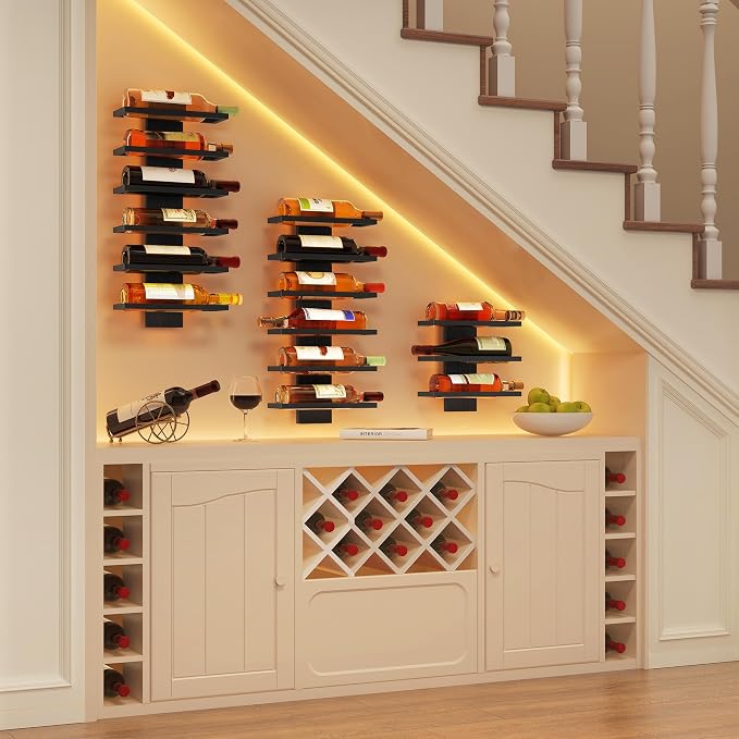 Hoctieon 3-Set 6 Tier Wall Mount Wine Rack, Wall Mounted Wine Bottle Racks for Display and Storage, Hanging Bottle Holder, for Living Room, Dining Room, Bar, Wine Cellar, Black