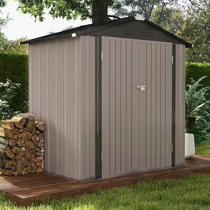 Patiowell 6x4 FT Outdoor Storage Shed, Garden Tool Storage Shed with Sloping Roof and Double Lockable Door, Outdoor Shed for Garden Backyard Patio Lawn, Brown