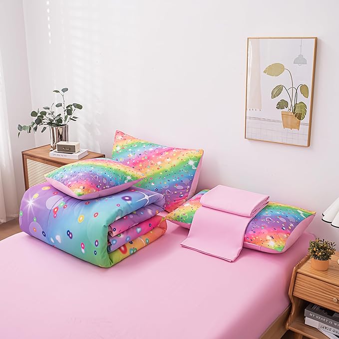 Girls Comforter Sets Queen, Girls Queen Rainbow Bedding, 6 Pcs Bed in a Bag Queen, Kids Princess Comforter Set for Girls(1Comforter, 1Flat Sheet, 1Fitted Sheet, 1 Pillow Cover, 2Pillowcases)