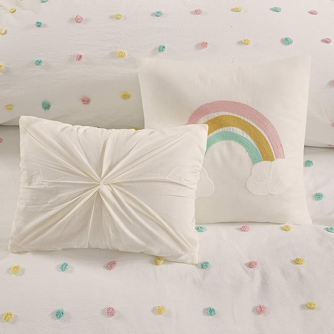 Callie Cotton Jacquard Weave Colorful Pom Pom Kids Comforter sets, Down Alternative Shabby Chic All Season Girls Bedding, Bedroom Decor, Twin/Twin XL, Multi 4 Piece