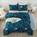 Blue Green Comforter Set Twin Size, 2 Pieces Modern Lines Pattern with Love, Soft Microfiber Bedding Comforter Set, Down Alternative Comforters for All Season (68 * 90’’)