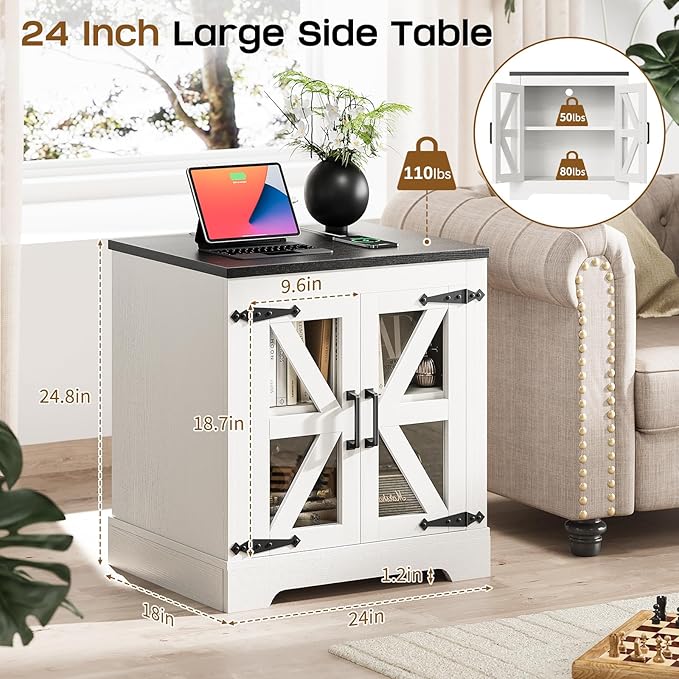Farmhouse Side Table with Storage Cabinet, End Table with Adjustable Shelf, Large Night Stand, Wood Nightstand with Charging Station, 24" End Tables Living Room, Rustic Bed Side Tables Bedroom