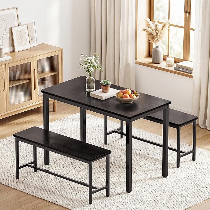 Dining Table Set for 4, Kitchen Table with 2 Benchs, Black | Modern Functional 3 Piece Space-Saving Dining Room Table Set for Apartment, Breakfast Nook, Small Space