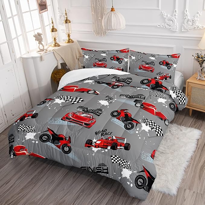 Axolotl Kid Comforter Set Full Size,Racing Car Bedding Set for Boys Girls Teen Car Racing Gifts,Race Cars Quilt Bed Set with 1 Comforter 2 Pillowcases,Red Grey