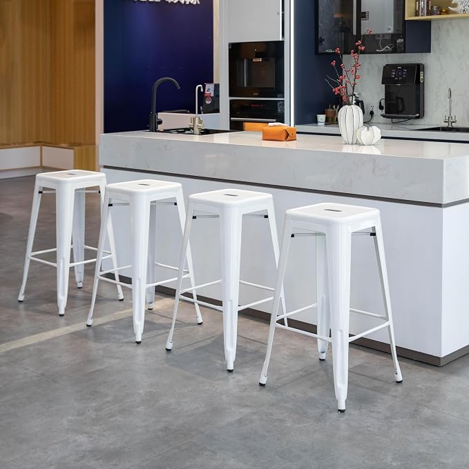 4-pcs 30-inch Backless Metal Bar Stool Stackable Heavy-Duty Counter-Height Chair for Home Bars Patios Kitchen Islands Cafes Restaurants Bistros and Dining Areas for Indoor & Outdoor, White