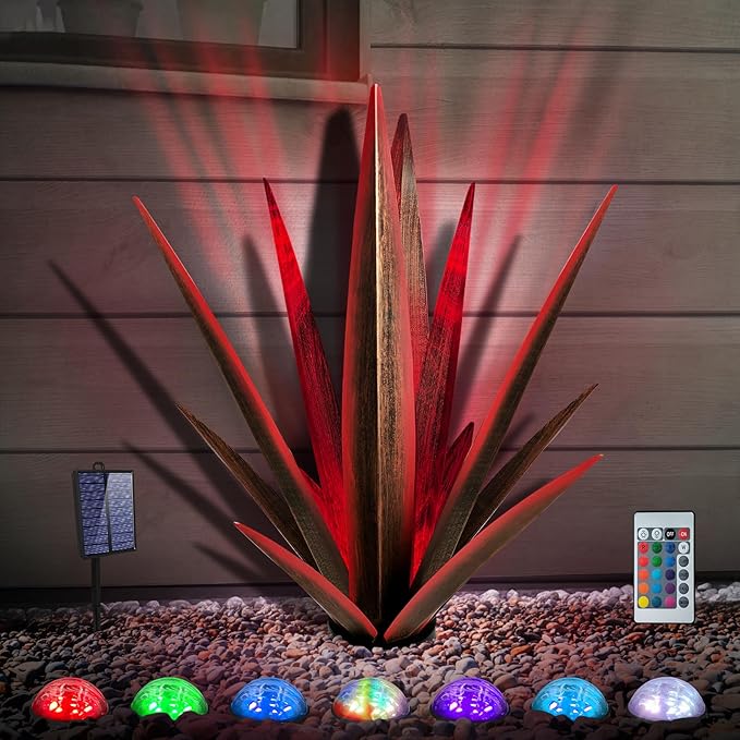 Large Tequila Rustic Sculpture, Rustic Metal Agave Plants for Outdoor Patio Yard, Home Decor Hand Painted Metal Agave Garden Yard Statue, Outdoor Lawn Ornaments (Red - L (W/Solar Light))