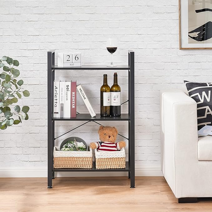 BEWISHOME 3 Tier Bookshelf, Modern Small Book Shelf for Small Spaces, Black Wooden Shelves for Bedroom Living Room and Home Office, 13.78" D x 24.12" W x 37.09" H, JCJ42B