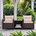 Greesum 3 Pieces Patio Furniture Sets Outdoor PE Rattan Wicker Chairs with Soft Cushion and Glass Coffee Table for Garden Backyard Porch Poolside, Beige