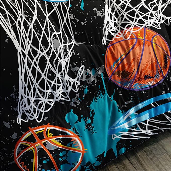 Axolotl Basketball Comforter Set Twin,Sports Comforter Set,Basketball Bedding Set,Sports Theme Comforter Set,Grunge Bedding Aesthetic Cool Style for Boys Kids Men,1 Quilt 2 Pillowcases,Black Blue