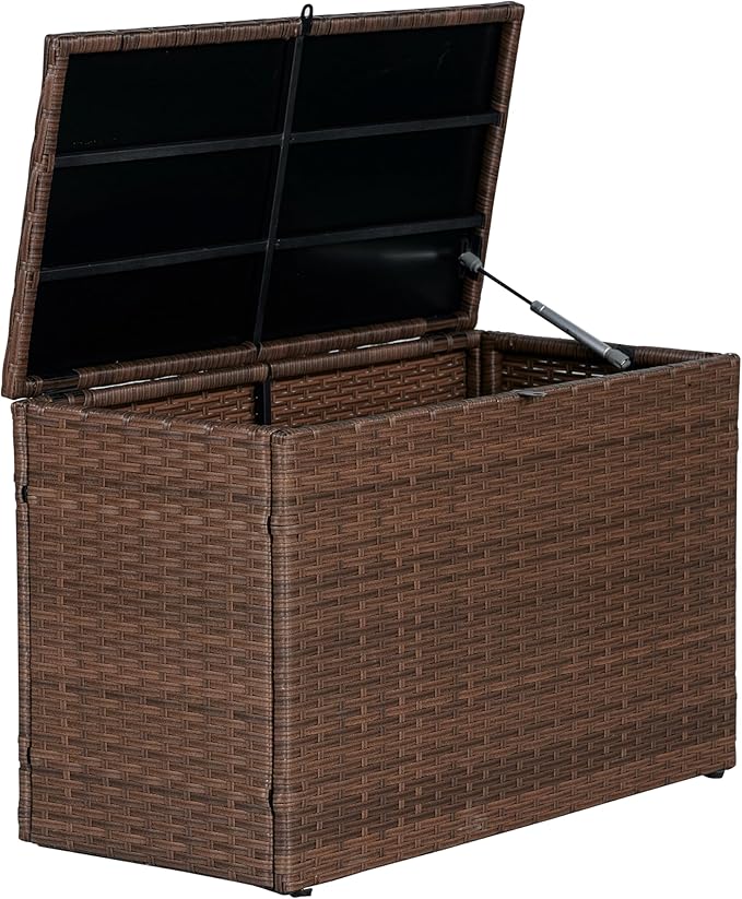 happimess TRK1000B Nino 31.5" Modern Minimalist Outdoor Faux Wicker Deck and Patio Storage Box, Brown, Soft-Close, for Package Delivery, Patio Furniture, Cushions, Gardening Tools, Pool Supplies