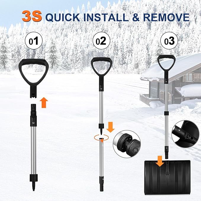 Ergonomic Large Snow Shovel for Driveway: 48-Inch Dual-Lock Knob Anti-Wobble Handle, 16" Plastic Blade w/Metal Edge, Ultra-Light 1.9 lb, Portable Aluminum Shaft, Car, Camping & Emergency, Black
