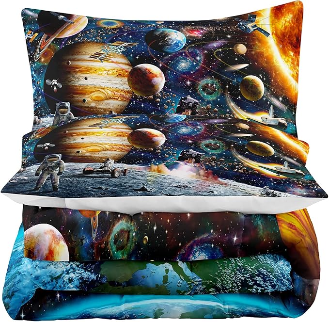Tailor Shop Universe Galaxy Comforter Set for Girls Boys Kids Galaxy The Planet The Earth Astronaut Stars Outer Space Bedding Set Twin Size with 1 Comforter 1 Pillowcase