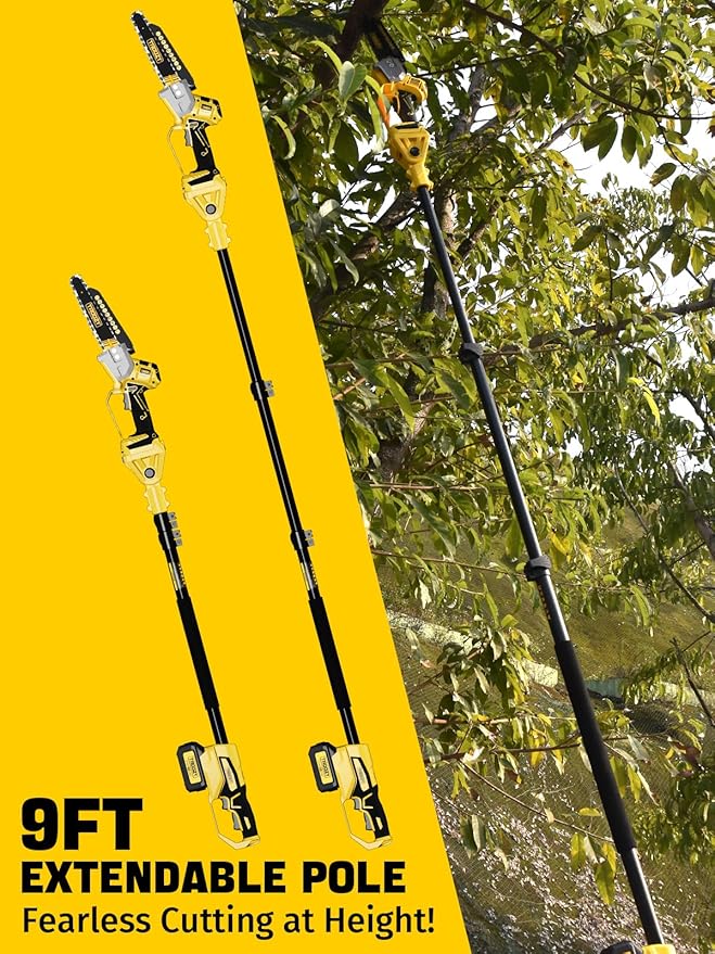 Cordless Pole Saw, 8-INCH 2-IN-1 Chainsaw, Electric Tree Trimmer with 9FT Telescopic Pole, 180°Angle for Tree Branches Pruning & Wood Cutting,Compatible with Makita Battery (no battery)
