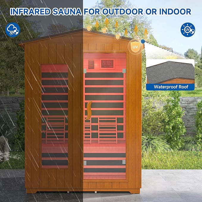Outdoor Sauna 3 Person, Far Infrared Sauna for Home Low EMF, Wooden Spa Dry Saunas Room with Infrared Lighting and Bluetooth Speakers, 7 Colors Chromotherapy for Outdoor, Indoor and Gym