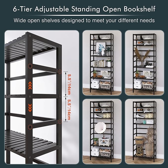 Bamboo Bookshelf, 6-Tier Tall Open Bookcase with Adjustable Shelves, Floor Standing Storage Shelf Unit for Living Room Bathroom Home Office, Black