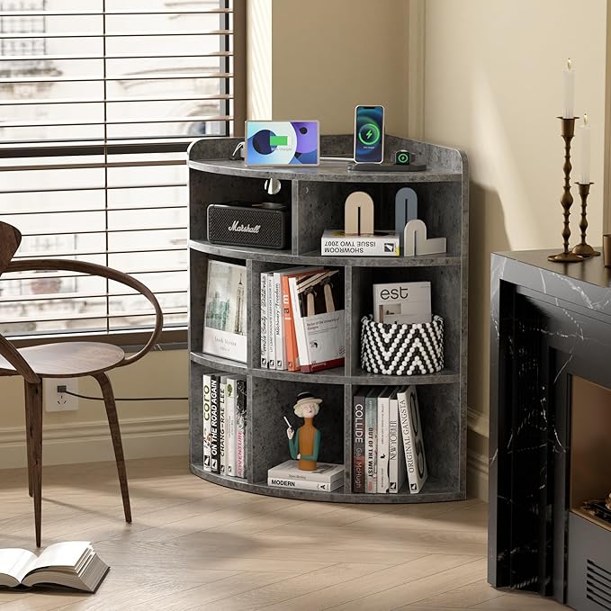 Vecelo Corner Cabinet with Charging Station, 3-Tier Cube Storage Organizer with USB Ports and Outlets, Triangle Bookcases with 8 Cubbies for Playroom, Bedroom, Living Room, Grey