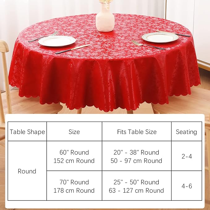 Smiry Round Waterproof Heavy Duty Vinyl Tablecloths, 70 x 70 Inch | Wipeable Washable Floral Embossed Table Cover for Kitchen and Dining Room, Indoor & Outdoor Use, Red