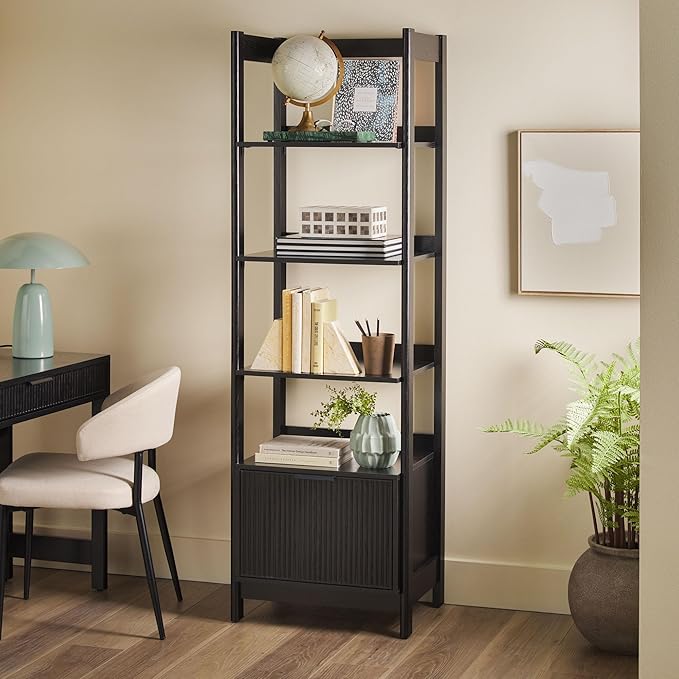 Walker Edison Modern Narrow Open Bookshelf Bottom, 22 Inch, One-Drawer Black