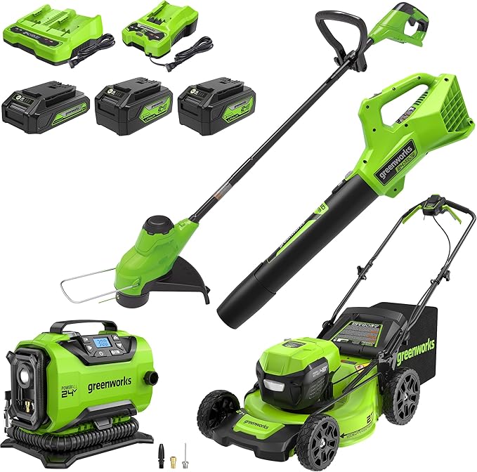 Greenworks 48V (2x24V) Cordless Yard Tool Combo - 21" Self - Propelled Push Mower, 12" Trimmer, Blower + 24V Cordless Battery Inflator