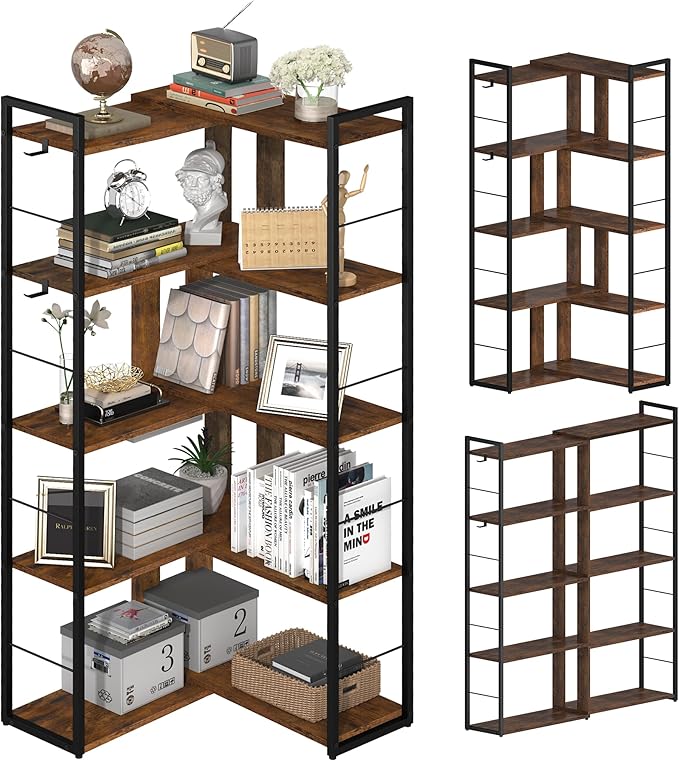 5 Tier Bookshelf Wood Bookcase with 2 Hooks Modern Corner Bookshelf Library Industrial Shelving Book Case Adjustable Book Shelves for Bedroom Living Room Home Office Rustic Brown