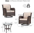 IDEALHOUSE 3 Pieces Outdoor Wicker Swivel Rocker Patio Set, 360-Degree Swivel Rocking Chair Elegant Wicker Patio Bistro Set with Tempered Glass Top Side Table (Apricot)