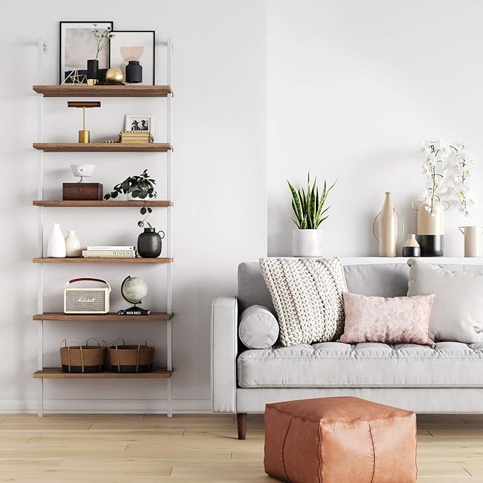 Nathan James Theo 6-Shelf Tall Bookcase, Wall Mount Bookshelf with Natural Wood Finish and Industrial Metal Frame, Rustic Oak/White