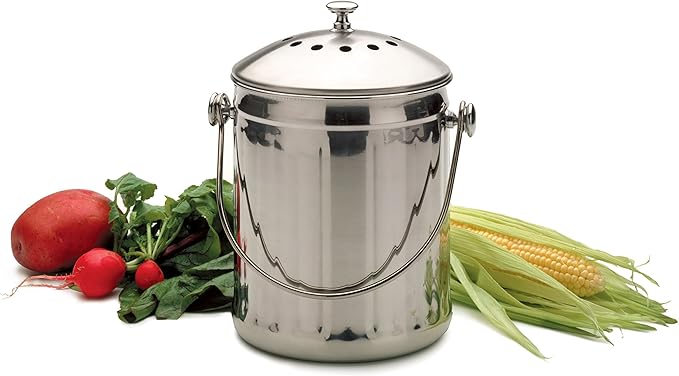 RSVP International Kitchen Collection Compost Pail, Dishwasher Safe, 1 Gallon Capacity, Stainless Steel