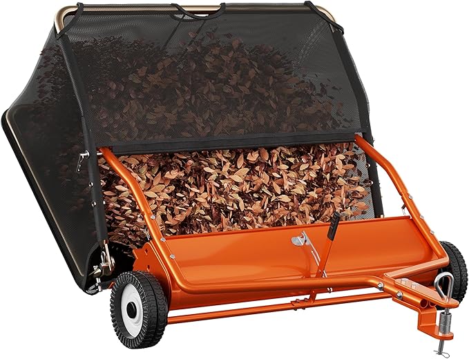 48" Lawn Sweeper Tow Behind, Grass Sweeper Tow Behind with 25.16 cu. ft Large Hopper, Heavy Duty Leaf & Grass Collector, Adjustable Brush Height Lever and Dumping Rope, Lawn and Yard Cleanup Tool