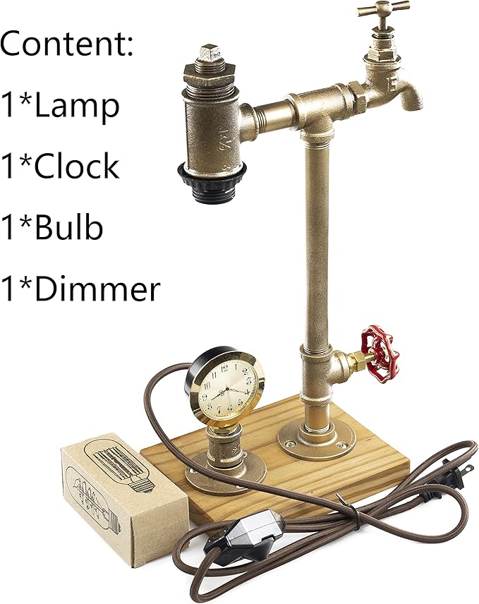 Steampunk Lamp with Dimmer, Dimmable Loft Style Industrial Vintage Antique Style Light with Bulb, Clock, Wood Base with Iron Piping Desk Lamp, Retro Desk Lamp LL-031