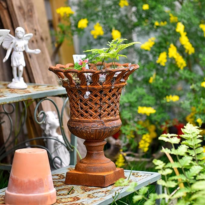 Sungmor Heavy Duty Cast Iron Urn Planter, Beautiful Hollow Trophy Design Tall Orchid Flower Pot, Large Decorative Plastic Flowers Plants Bouquets Vase, Rustic French Country Pot for Home or Garden