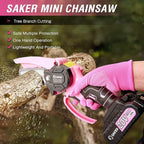 Saker Mini Chainsaw,Portable Electric Pink Mini Chainsaw Cordless,Handheld Chainsaw for Tree Branches,Courtyard, Household and Garden,By 2PCS 20V 1500mAh Batteries and 3 PCS Chains