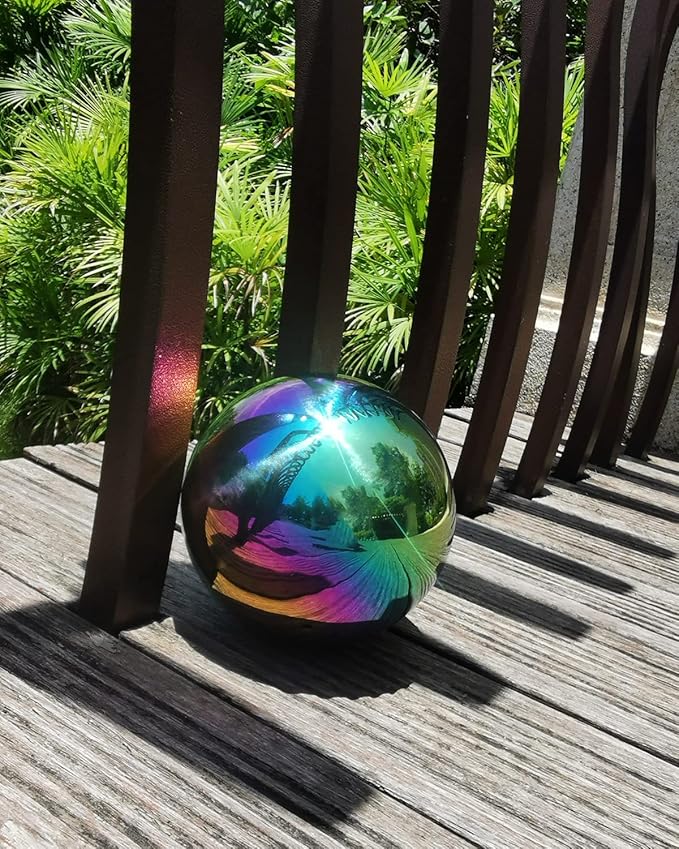 Rainbow Gazing Globe Mirror Ball in Stainless Steel, Shiny Hollow Sphere Sparkling Housewarming Outdoor Ornament (6 Inch)