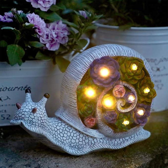 FORUP Snail Garden Statue, Resin Snail Figurine Garden Lawn Ornaments with Solar LED Lights for Outdoor Yard Garden Decorations