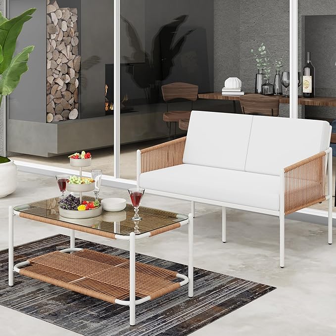 Shintenchi 2 Piece Patio Wicker Furniture Set, Outdoor Patio Furniture Rattan Conversation Set with Coffee Tables and Loveseat for Backyard, Balcony, Poolside