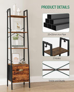 Narrow Bookshelf Bookcase with Drawer, Ladder Shelf with 2 Hooks, Bookshelves Storage Organizer, Freestanding Display Standing for Home Office, Bedroom, 6 Tier Rustic Brown BC19601B